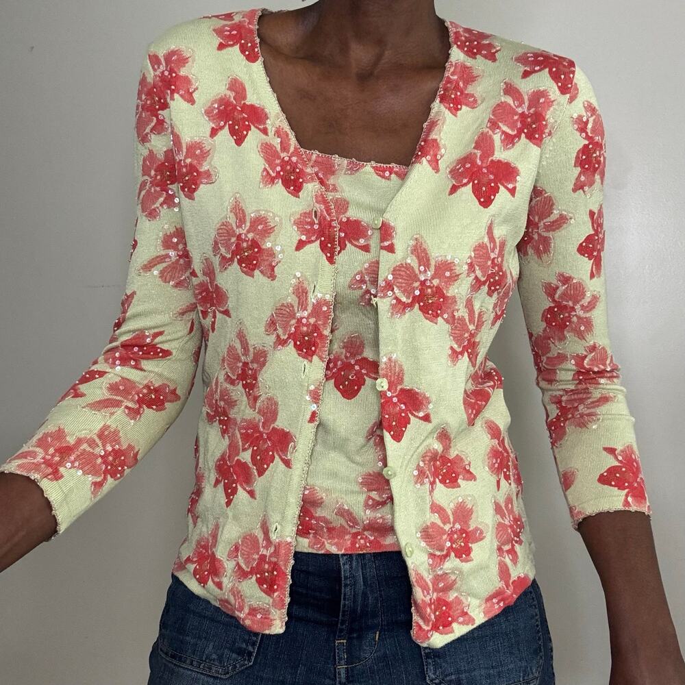 VINTAGE | 90s Dana Buchman Sage Green Beaded V-Neck Cardigan Size Small